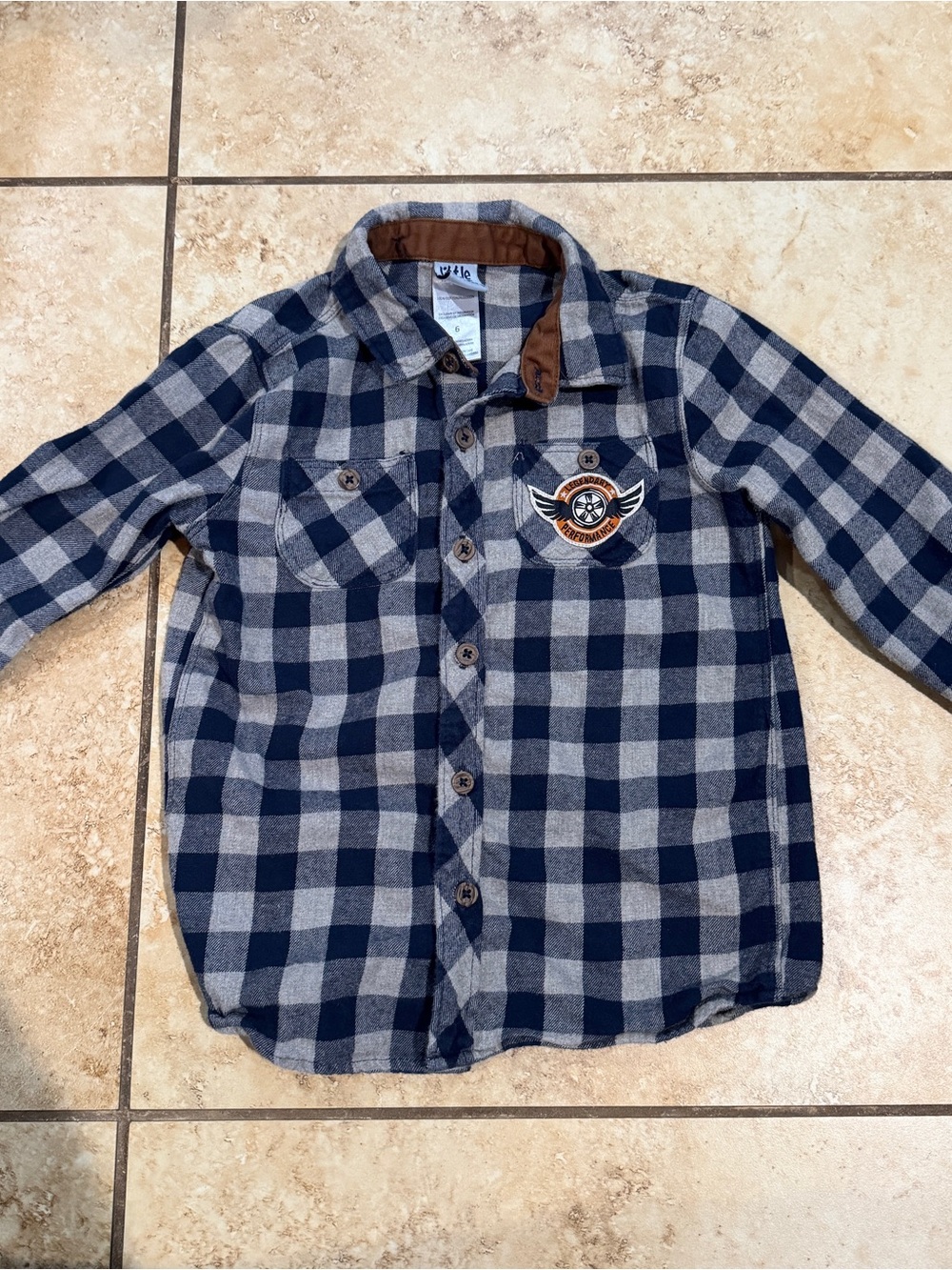 Boys Navy & Gray Plaid Button-Down Shirt with Patch